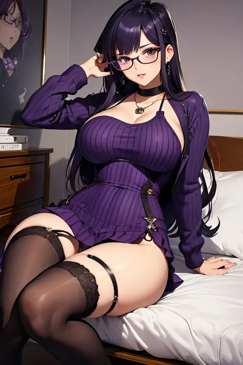 ((Purple one-piece hip skirt))，sweater，Purple long hair，Glasses，Cute girl，(Stockings，A black，white leg ring），necklace，Large breasts