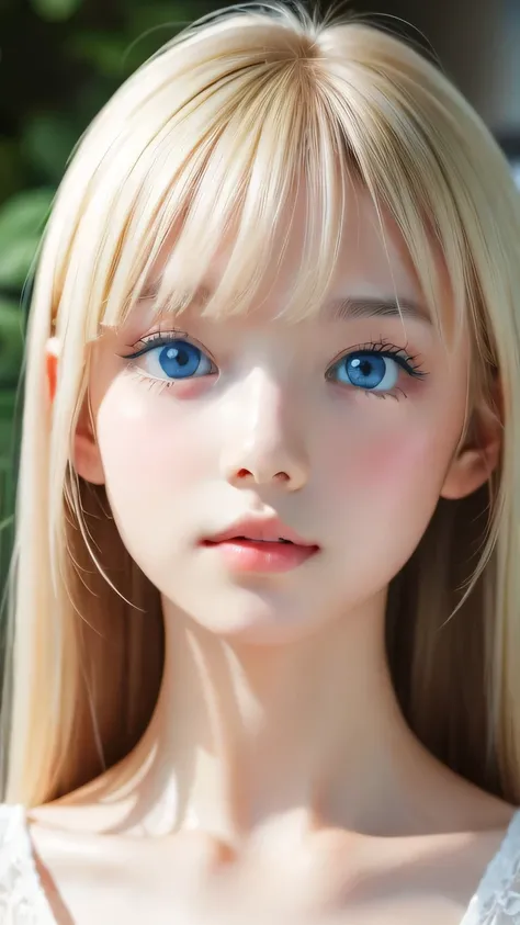 Portrait、、bright look、ponytail、bangs between eyes、bangs on the face、Young, shiny, white, glossy skin、gross face、cheek gloss highlight、best beauty、blonde reflection、Platinum blonde hair with dazzling highlights、shiny bright hair,、super long silky straight h...