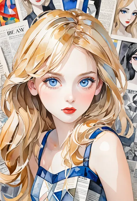 Sketched, Watercolor, Collages by Picasso and Robert Delaunay, Cubism, Abstract, Cute girl, Big, clear blue eyes, Little red cheeks, Blonde long hair, Face-centered, With newspapers and fashion magazines in the background, Intricate brushwork, High image q...