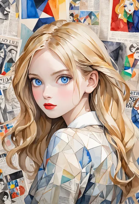 Sketched, Watercolor, Collages by Picasso and Robert Delaunay, Cubism, Abstract, Cute girl, Big, clear blue eyes, Little red cheeks, Blonde long hair, Face-centered, With newspapers and fashion magazines in the background, Intricate brushwork, High image q...