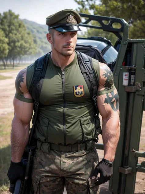 Main content: A handsome and charming mature man with a clear face and deep and sharp eyes. Wearing army camouflage trousers shows the tough temperament of soldiers, and the color and pattern of camouflage trousers are real and natural. Wear a black vest, ...