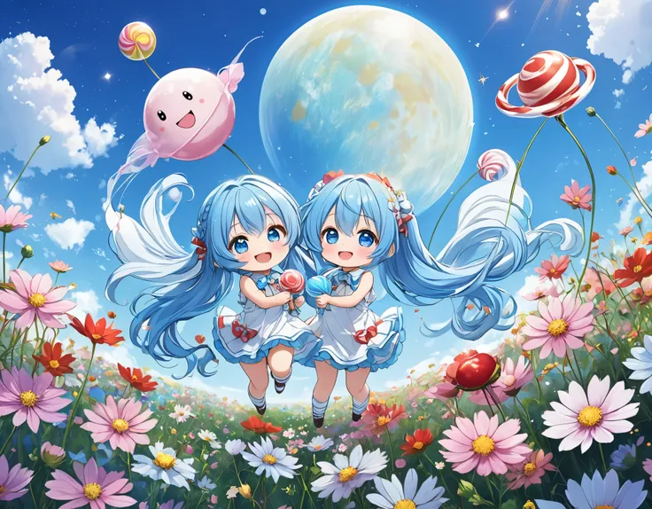 Light blue long hair、Two chibi characters with twin-tail hairstyles、Holding a large round candy、smile、In the middle of a field of cosmos、Clear blue sky