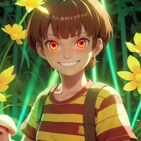 Red eyes, girl, holding a knife, yellow-green striped shirt with thicker stripes, red eyes glowing red, head tilted, short brown hair mushroom head, with a clear smile on his face, Chara, two-dimensional, standing among golden flowers with a ray of light a...