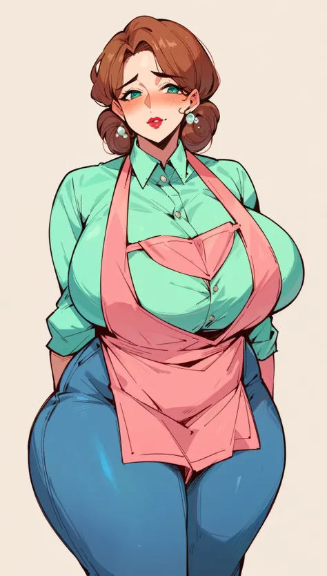 color anime, Turin weather vane, (large breasts: 1,4), Wide hips, thick thighs, Plump, mature woman, brown hair, collected, lipstick, Puppet, Light green shirt, Pink apron, Blue jeans, cowboy shot, blush