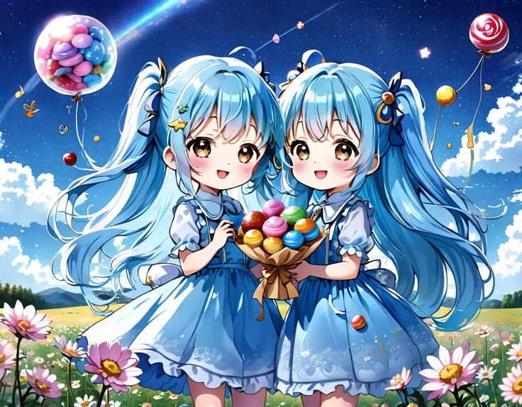 Light blue long hair、Two chibi characters with twin-tail hairstyles、Holding a large round candy、Chupa Chups、smile、In the middle of a field of cosmos、Clear blue sky