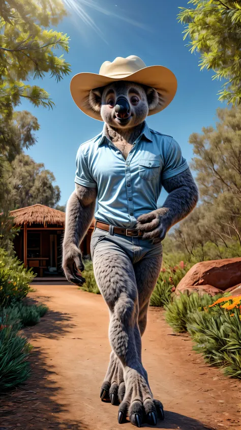 A muscular koala parading like a model on a catwalk in a vibrant, natural Australian setting. The koala is presentable and elegant, wearing an outfit that symbolizes Australian culture, with details such as a cowboy hat and a shirt with eucalyptus leaf pat...