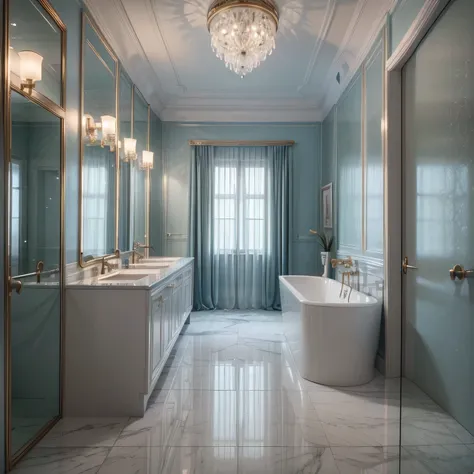 a modern very spacious and trendy bathroom, lighted toilet, jacuzzi bathtub in the corner, lavish mirror, elegant vanity unit, beautiful fixtures, all in light blue tones, soft lighting, (best quality,4k,8k,highres,masterpiece:1.2),ultra-detailed,(realisti...