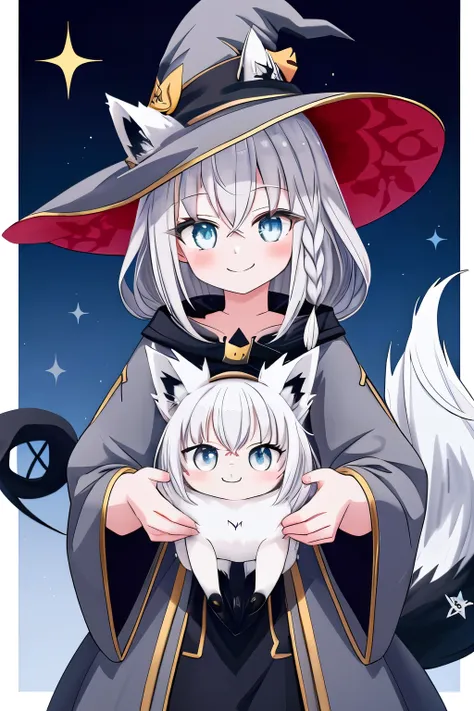 Fox Ears, Witch Hat, smile, Sparkle Effect, Anime Style, First Person View, Gray Hair, holding a witch&#39;s wand、Fox&#39;s Tail