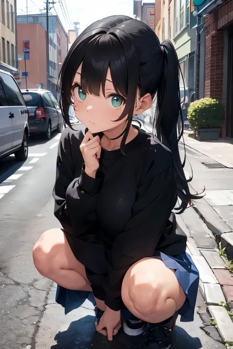 An 1 girl (full body)(full body), with his face flushed with shame, black hair with pigtails, green eyes, Very thin, big breasts, She is wearing a black sweatshirt and a blue skirt. She is crouched down, looking curiously.