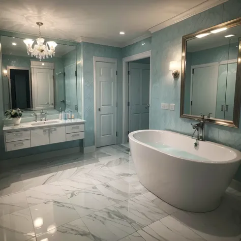 a modern very spacious and trendy bathroom, lighted toilet, jacuzzi bathtub in the corner, lavish mirror, elegant vanity unit, beautiful fixtures, all in emerald tones, soft lighting, (best quality,4k,8k,highres,masterpiece:1.2),ultra-detailed,(realistic,p...