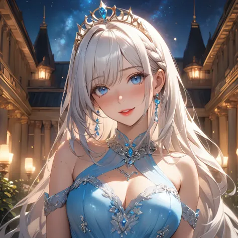 Straight Hair、((White Hair)), highly detailed braided hair, Princess tiara, ((Highly detailed sexy Princess Gown)), Looks about , (beautiful girl: 1.3),1girl,Highest quality,8k,Highly detailed CG unit wallpaper,masterpiece:1.2,Highest quality,Ultra-high re...