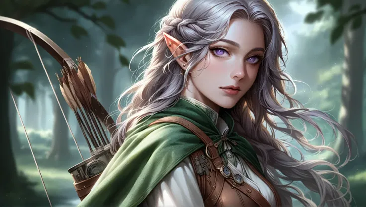 Yongseok Jo style,beautiful, female elven Archer Age: 22,slender and gra ceful elf, long braided silver hair, piercing light purple eyes At tire: Soft forest green leather tunic, fitted brown pants, light p ale green cape,a bag with arrows on the back, Mai...