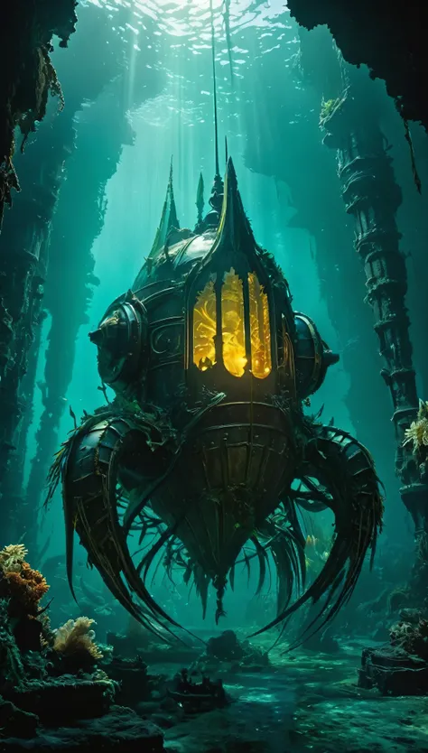 In the depths of a forgotten oceanic realm, the *Tidal Sentinel* drifts silently through a labyrinth of submerged ruins. Encased in a shimmering, obsidian-black armor adorned with glowing streaks of aquamarine and emerald, the *Sentinel* moves with fluid p...