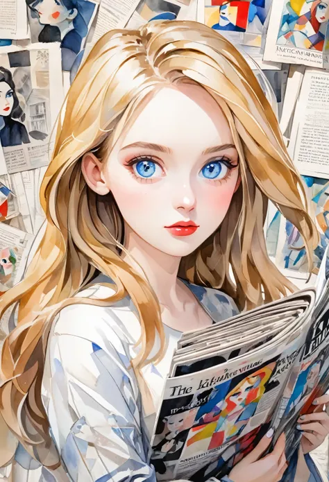 Sketched, Watercolor, Collages by Picasso and Robert Delaunay, Cubism, Abstract, Cute girl, Big, clear blue eyes, Little red cheeks, Blonde long hair, Face-centered, With newspapers and fashion magazines in the background, Intricate brushwork, High image q...