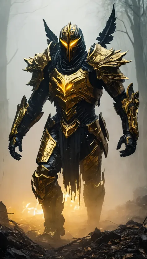 The *Hollow Dread* prowls through the mist-laden remains of a fallen fortress, its entire form cloaked in shifting black and gold armor. The mask that conceals its face is an unbroken, gleaming surface of obsidian with no eyes, no mouth, only a smooth, imp...