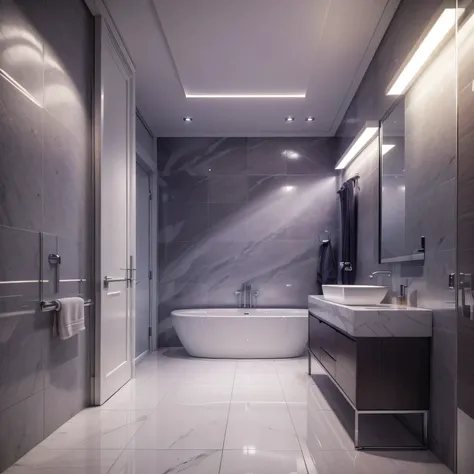 a modern, very spacious and trendy bathroom, a marble toilet, a bathtub with hydro massage in the floor, a luxurious mirror, an elegant vanity table, beautiful fixtures, all in purple tones, soft lighting, (best quality,4k,8k,highres,masterpiece:1.2),ultra...