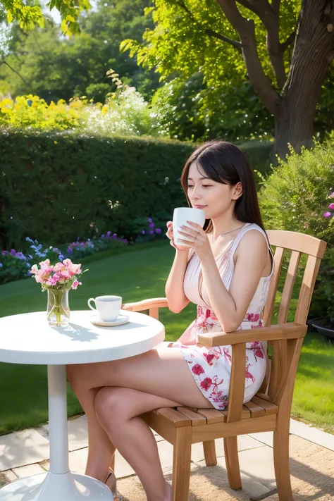 Woman drinking coffee in a lovely garden