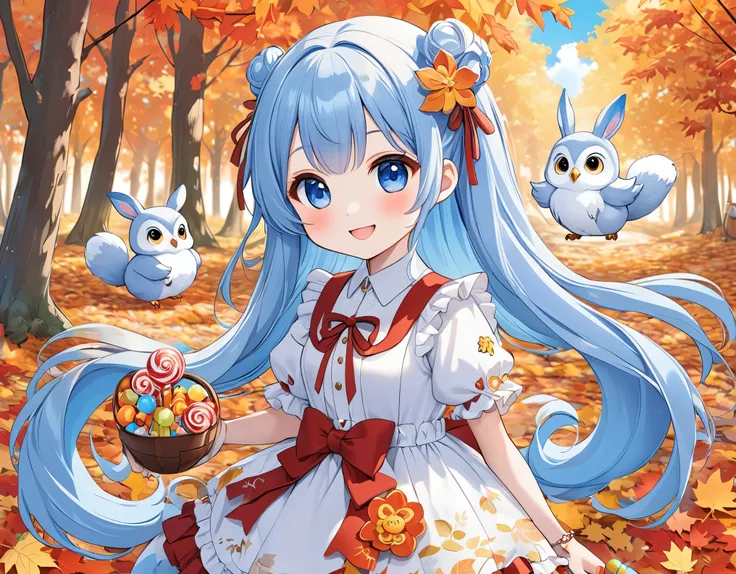 Light blue long hair、Two chibi characters with twin-tail hairstyles、Holding a large round candy、Chupa Chups、smile、In the forest of autumn leaves、Squirrels and rabbits、Pure White Owl、Clear blue sky