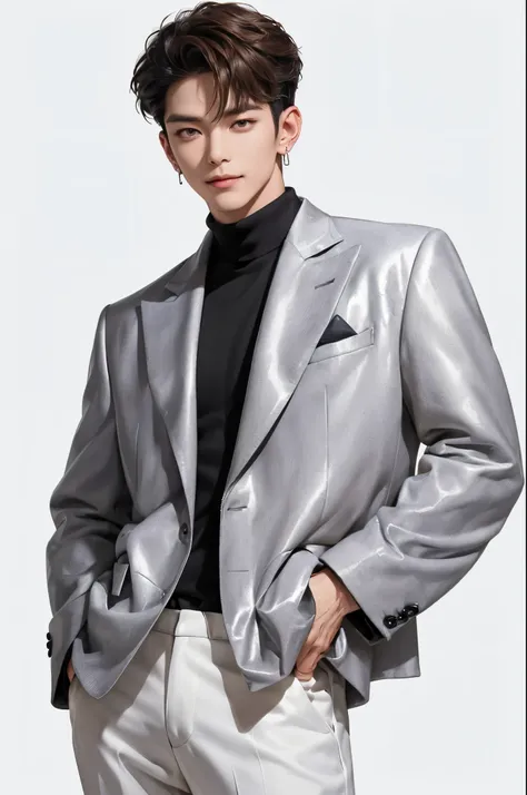 (((4k)) ((very high quality)) ((white background)) ((trousers)) korean, k-pop group member, the man looks older and more serious...