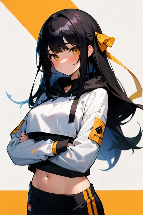 1girl, high resolution, bangs, long black hair, hair ribbon, amber eyes, blushing, arms crossed, korean, adult, croptop hoodie showing some stomach, streetwear style