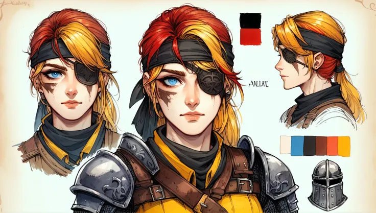 concept sheet ,a young Paladin woman, athletic blonde with red highlights, blue left eye, right eye towards,eye patch, medieval heroic fantasy,watercolor style, yellow and black clothing, black bandana on head, 