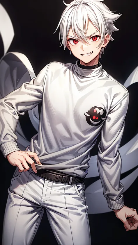 MASCULINE, Young, vtuber style, Boruto-like white hair, all white sweatshirt, gray pants, vibrant dark red eyes, solo, evil smile face