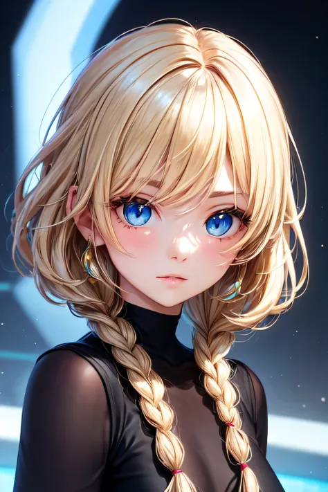 a stunning young woman with striking blue eyes and short, flowing blonde hair with a single blue strand tied in a small braid on the right side of her head. Her beauty radiated strength and her side bangs obscured her right eye., adding an air of mystery t...