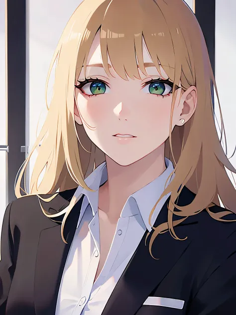 Upper Body, (pale skin: 1.2), shiny skin, shiny hair、(A 2 woman with medium-length hair and bangs) and (wavy hair) and (Blonde Hair) and (green eyes) , (business suit:1.5) and (white collared shirt) 、Serious expression, The background is an office interior...