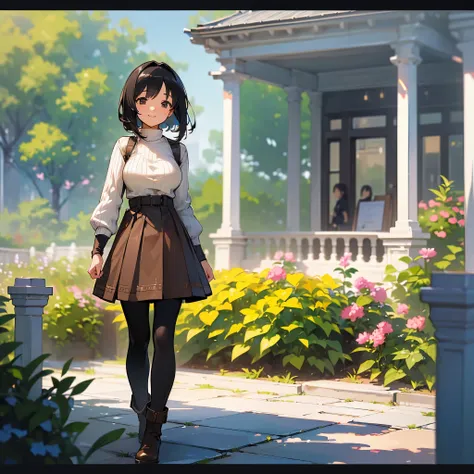 (high quality, High resolution, Very detailed, reality:1.37), Peaceful atmosphere, (Outdoor, garden), Teenage girl standing alone, (My breasts are large.), Beautiful details, Cute Smile, (Black bob hair), Ribbed sweater,Brown skirt, Black tights, Brown boo...