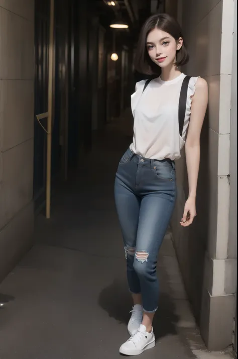 1 girl, 2, white skin, short straight brown hair, blue eyes, beautiful face, happy, slender, beautiful smile, looking at the camera, standing, wearing black jeans, semi-transparent white sleeveless blouse. Wearing black sneakers.