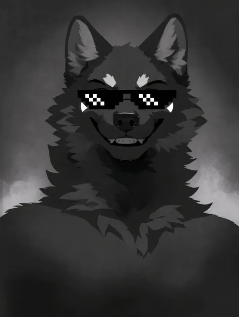 wolf, anthro, black fur, black skin, canine, happy expression, smile, smiling teeth, glasses, thug life glasses, looked at view, half body ,dark background, full black background,