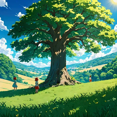 A vast, green field with a gentle hill rising at its center. At the top of the hill stands a large, majestic tree with sprawling branches and thick, vibrant leaves that cast a perfect circular shadow beneath it. The sun shines brightly in the clear, blue s...