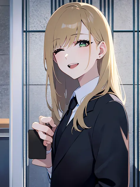 Upper Body, (pale skin: 1.2), shiny skin, shiny hair、(A 2 woman with medium-length hair and bangs) and (wavy hair) and (Blonde Hair) and (green eyes) and (one eye closed), (business suit:1.5) and (white collared shirt) 、smile, open mouth, The background is...