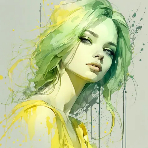 Digital art, artwork, beautiful sketch of a girl posing head and shoulders, pale yellow and pale green palette, watercolor, splash, top quality, high quality, masterpiece, realism, naturalism, neoclassicism, modern atmosphere, drawn in graphite pencil, low...