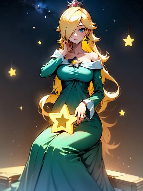 princesa rosalina, sitting on her throne, blue dress, RTX, HDR, big breasts, starry sky, adult body, con man expression
