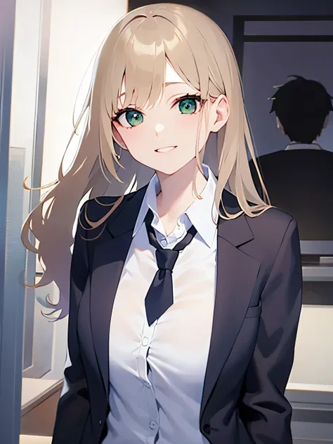 side angle, Upper Body, (pale skin: 1.2), shiny skin, shiny hair、(A 2 woman with medium-length hair and bangs) and (wavy hair) and (Blonde Hair) and (green eyes) , (business suit:1.5) and (white collared shirt) 、smile, The background is an office interior、...