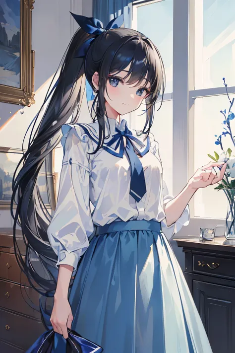 Masterpiece, Top Quality, High Resolution, Very Detailed, Detailed Background,(Fraulem Chrome, (Black Hair, Semi-Long Hair, Blue Ribbon in Ponytail),(White Blouse, Blue Short Ribbon Tie, Blue Long Skirt), Small, Neat, Black Eyes,Studying, Gentle Smile), Sc...