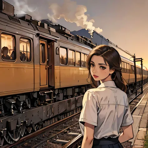 masterpiece, realistic, 1girl, detailed, (locomotive:1.3), (sepia), (nostalgia:1.3)