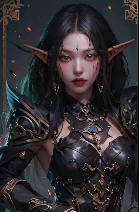 a mysterious half-elf woman, shadowheart stands cloaked in darkness, her sleek black hair framing a pale, stoic face. her pierci...