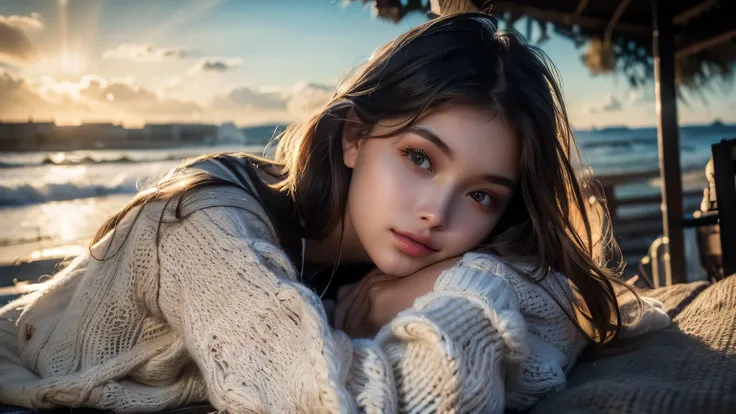 a beautiful young woman sleeping by the seaside,closing eyes, ((sunlight, best quality, 8k, masterpiece:1.3)), clear focus:1.2, one young girl, beautiful face, 20 years old, the most beautiful 20-year-old girl in the world, perfect body beauty:1.4, ((long ...