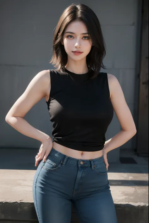 1girl, 28years old, white skin, short straight brown hair, blue eyes, beautiful face, happy, slim, beautiful smile, looking at camera, standing, wearing black jeans, semi-transparent sleeveless white shirt, wearing black sneakers, best quality, masterpiece...