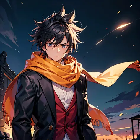 Anime art style,Best Quality,High resolution,Anatomically correct,Mid twenties,Super detailed,One tall man,good looking,Spiky hair,Spiked Hair,Black Hair,Long coat,Long scarf,A rich expression,Serious expression,A strong wind is blowing,ruins,night,Focus o...