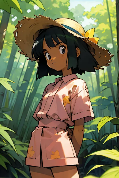 by Ken Sugimori, sugimori 1990s, ((only 1girl)), dark skin, child, tan, wide straw hat, sunglasses, forest in the background, floral shirt, ((hands behind their back)), full black pupils, manga, best quality, highly detailed, clean lines, cowboy shot, good...