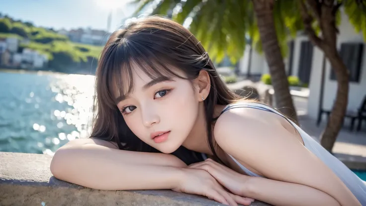 a beautiful young woman sleeping by the seaside,closing eyes,Theres a drink by her side. ((sunlight, best quality, 8k, masterpiece:1.3)), clear focus:1.2, one young girl, beautiful face, 20 years old, the most beautiful 20-year-old girl in the world, perfe...