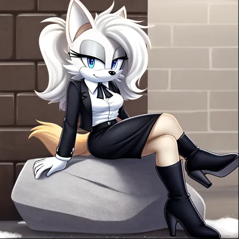 Mobian fox, Silver white fur, Mobian, kitsune woman, Fox ears, blue eyes, silvery white hair, medium breast, white blouse, black ascot, black pencil skirt, black boots with gray soles and heels, background high school, (lightly snowing), sitting on a stone...