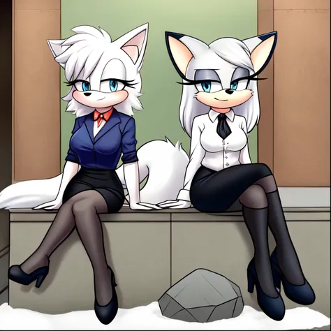 Mobian fox, Silver white fur, Mobian, kitsune woman, Fox ears, blue eyes, silvery white hair, medium breast, white blouse, black ascot, black pencil skirt, black boots with gray soles and heels, background high school, (lightly snowing), sitting on a stone...