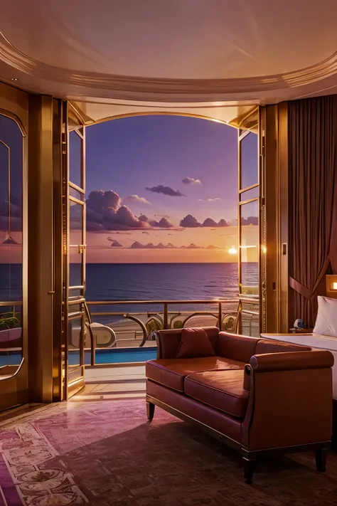 luxury hotel room, art deco, deco style, sea view, gold, pink sunset, purple sky, romantic vibes
