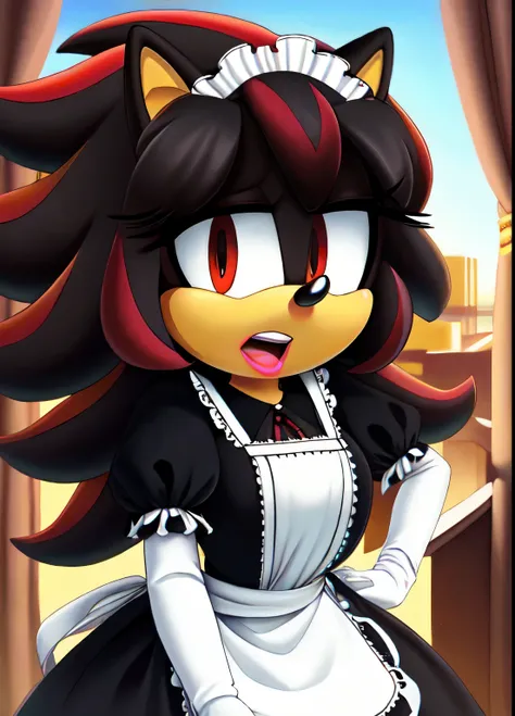 score_9, score_8_up, 2D, hotel background, looking at viewer, 1girl, very detailed, extremely detailed, Shadow the Hedgehog from the sonic the hedgehog series, Shadow the hedgehog but female, Female Shadow, portrait, sound lines, open mouth, makeup, light ...