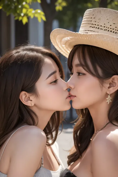 two girls facing each other and kissing