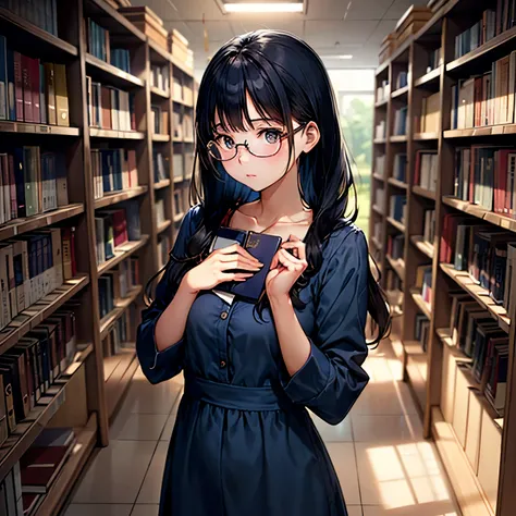 A neat girl with long straight navy blue hair, wearing a modest navy dress, holding a book close to her chest, standing in a quiet library aisle, focused expression, glasses perched on her nose, soft ambient lighting, high detail